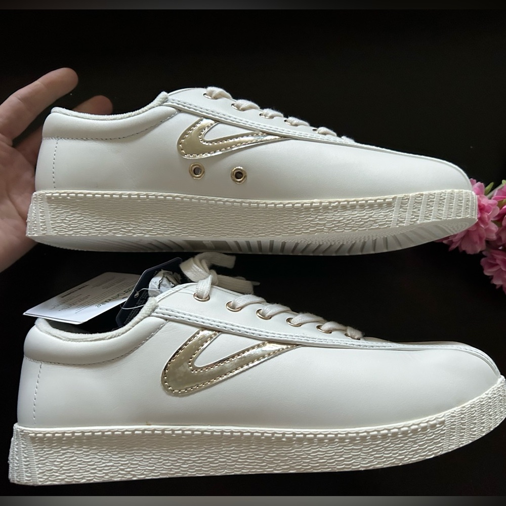 Women's White and Gold Sneakers